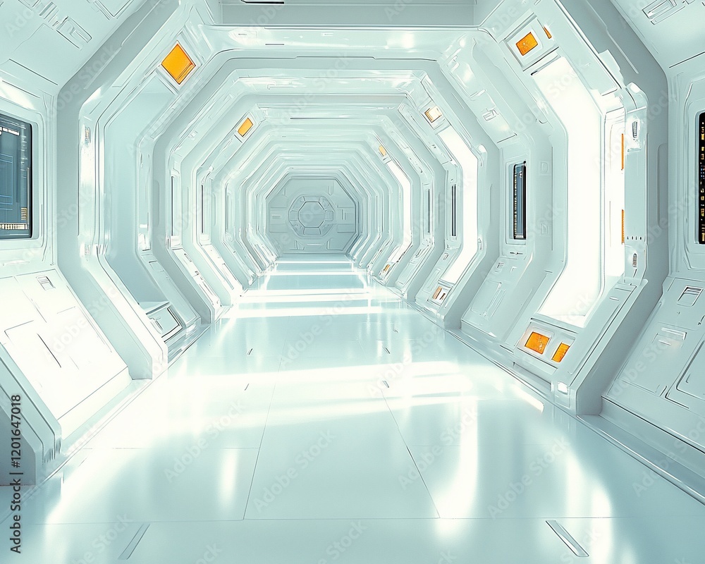 Poster futuristic white spaceship corridor with glowing panels.
