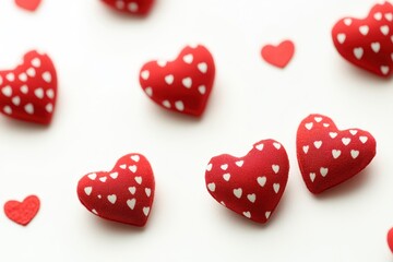 A playful arrangement of red hearts dances across a pristine white surface, creating a delightful scene of love and affection for Valentine's Day.