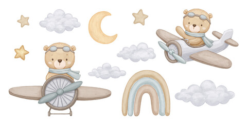 Cute bear pilot on airplane, star, moon and clouds, watercolor hand drawn illustrations set isolated on white background © Elena