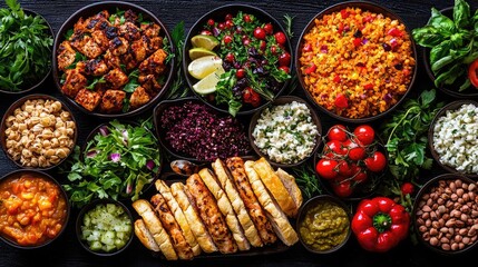 Fototapeta premium Diverse healthy food bowls, buffet spread, overhead shot, various salads, grains, and meats, perfect for restaurant menu or cooking blog