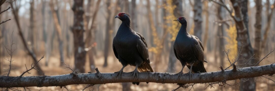 Black grouse perched on a tree branch in the Chernobyl Exclusion Zone with a blurred background, wildlife, forest