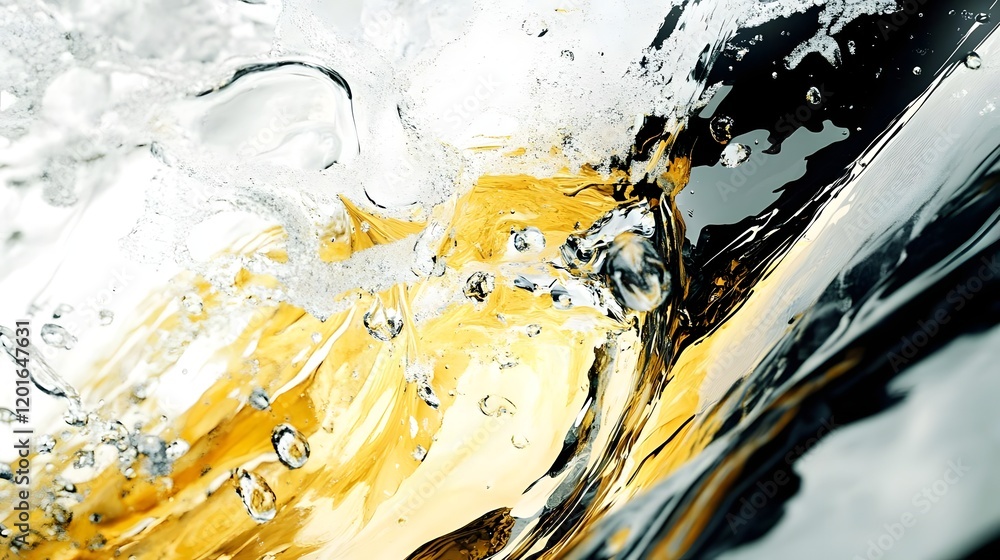 Poster an abstract close-up of liquid with bubbles and waves, showcasing movement and texture.