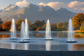 Serene autumn landscape with water fountains and majestic mountain backdrop
