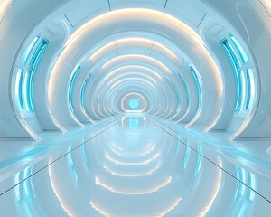 Obraz premium Futuristic white tunnel with glowing blue light and reflective floor.