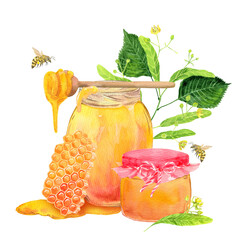 Linden honey. yellow jars with honey with a beautiful lid and a festive ribbon. On top is a wooden spoon with a drop, bees are flying around, wax honeycombs and a linden tree branch, a honey plant wit