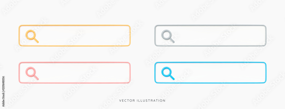Poster 3d search bar icon set. find information in internet browser. seo marketing concept. web browser. el