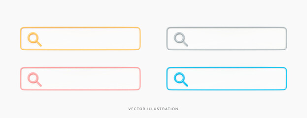3D Search bar icon set. Find information in internet browser. Seo marketing concept. Web browser. Elements for user interface. Cartoon creative design icons isolated on white. 3D Vector illustration