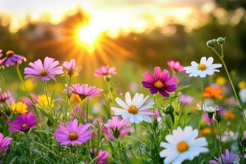 Fototapeta premium Expansive prairie landscape under a vibrant sunset with wildflowers in the foreground