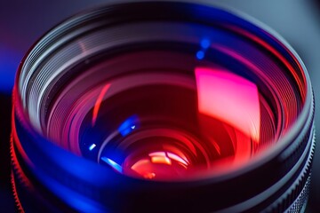 Close-up of camera lens with red and blue light reflections.