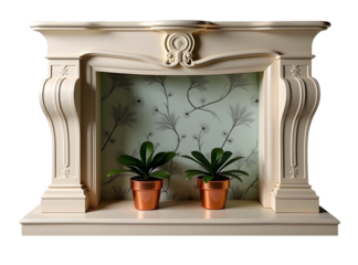 Elegant cream fireplace mantel, adorned with intricate carvings, houses two lush potted plants against a serene, floral-patterned backdrop. A tranquil, sophisticated home dรฉcor., cut out,transparent 