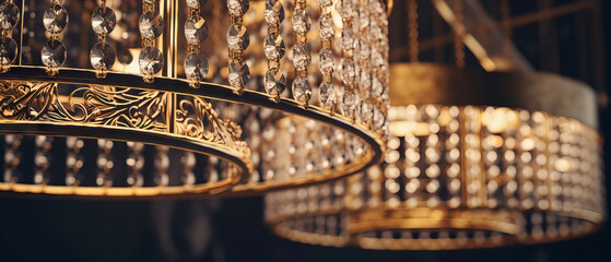 A detailed shot of a luxury chandelier featuring gold chains and crystal drops, hanging from a polished ceiling with soft ambient lighting.