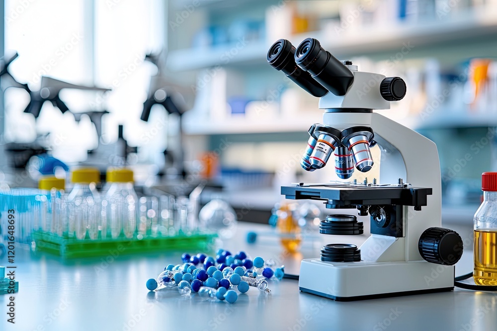 Poster enhanced microscope view of bacteria in a laboratory setting, neutral background