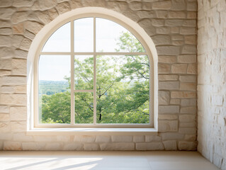 Obraz premium Arched Window with Stone Wall Overlooking Lush Green Landscape