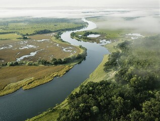 Bird's eye view of winding river through marsh, nature, winding, drone