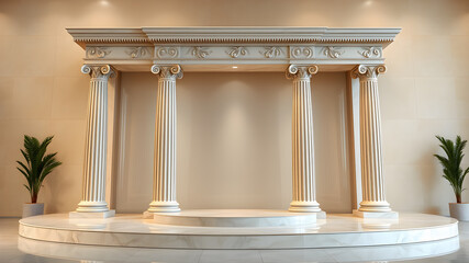 Fototapeta premium modern big podium with Roman columns and with plexiglass frosted elements and background beige colors. Generative AI