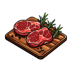A close-up vector illustration of two raw beef steaks on a wooden cutting board.
