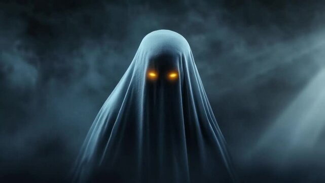 Mysterious figure shrouded in fog with glowing eyes appears in a dimly lit atmosphere