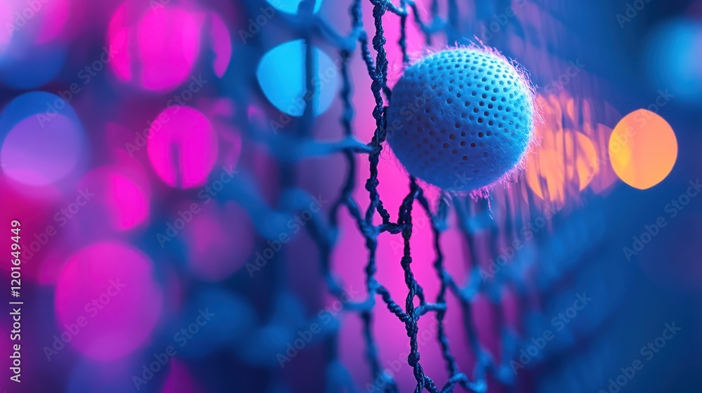 Poster close-up of a textured ball in a net with vibrant bokeh background.