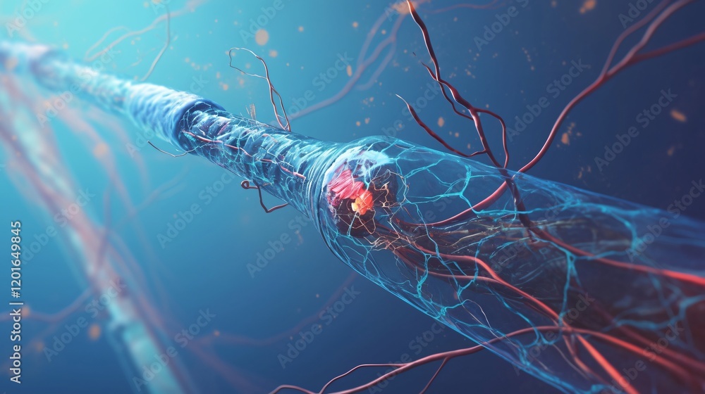 Poster microscopic nerve fiber detailed 3d render of neuron structure and axon