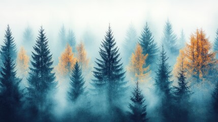Obraz premium Misty autumn forest, golden larches, tranquil scene, nature background
