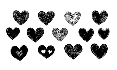 heart linocut black and white different heart shapes, grunge style, hand drawn, doodle, charcoal, crayon, love, valentine