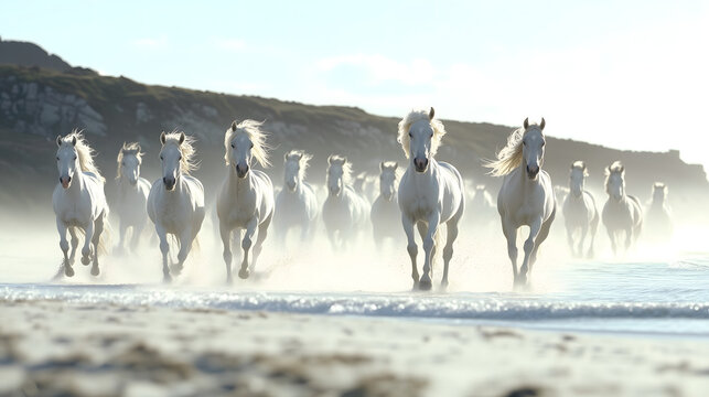 Herd of wild horses galloping through misty sands by the coastline at dawn, capturing the essence of freedom and wild beauty in a serene landscape of nature's artistry