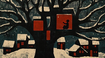 Fototapeta premium Winter night in a snow-covered village with mysterious tree and illuminated window