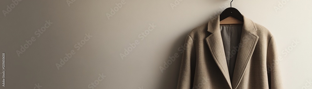 Poster oversized coat in soft beige or gray shades is displayed on a simple wall hook against a light neutr