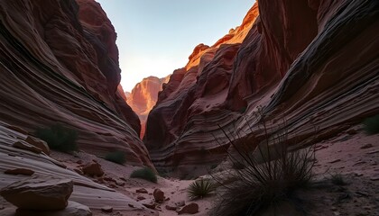 Canyon with warm orange and pink hues reflecting off the canyon walls, highlighting the textures of the rocks and a few sparse desert plants