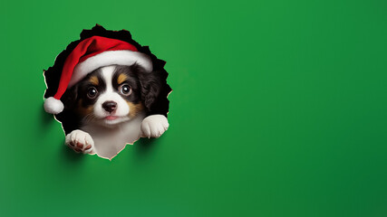 Charming puppy donning a Santa hat in green wall