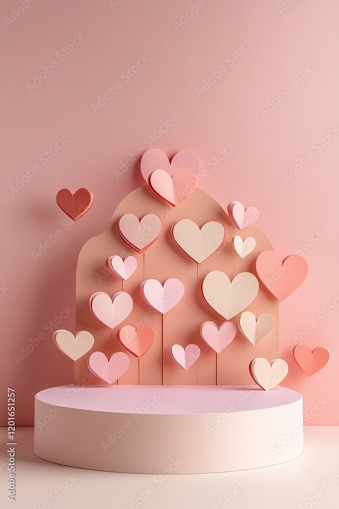 Poster a stylish podium features a soft gradient base in warm tones, surrounded by hand-cut paper hearts th