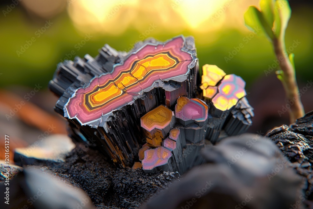 Poster vibrant visual microscopy of mineral sample, emphasizing intricate patterns and details