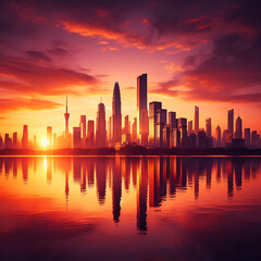 Obraz premium Warm Afterglow of Sunset Reflecting on a Tranquil City Skyline