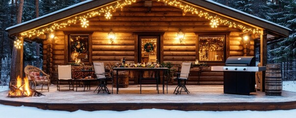 Fototapeta premium Festive cabin dinner, snowy forest backdrop, winter holiday