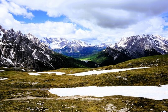 Panoramic view from Prato Piazza over the Cristallo Group and Croda Rossa d'Ampezzo, Dolomites, Italy