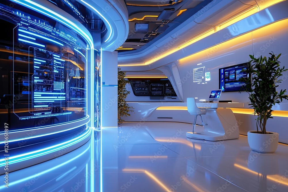Poster futuristic workspace depicting startup business dynamics and cutting-edge tech advancements