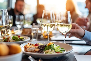 Elegant social event with a detailed table setting, surrounded by people engaging in conversation and enjoying delicacies