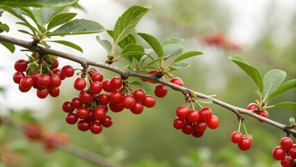 Berries of Shepherdia canadensis ripe red color hanging from a twig, nature, trees, botanical, botany, deciduous