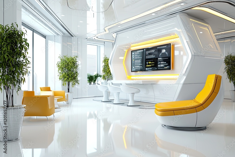 Poster futuristic workspace depicting startup business dynamics and cutting-edge tech advancements