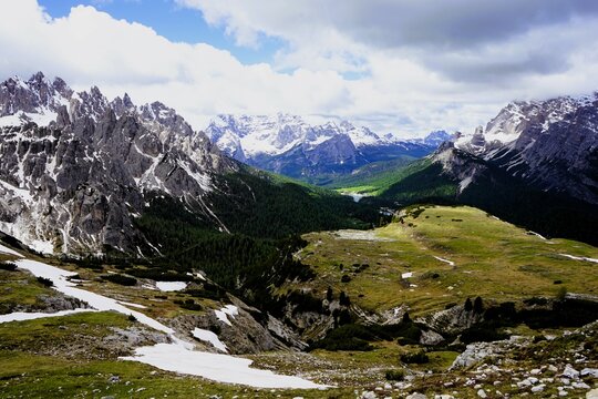 Panoramic view from Prato Piazza over the Cristallo Group and Croda Rossa d'Ampezzo, Dolomites, Italy