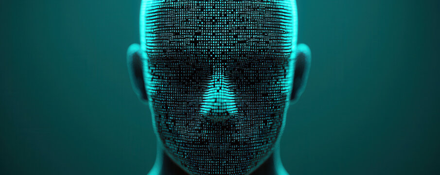 humanoid face composed of pixelated data, glowing in teal tones