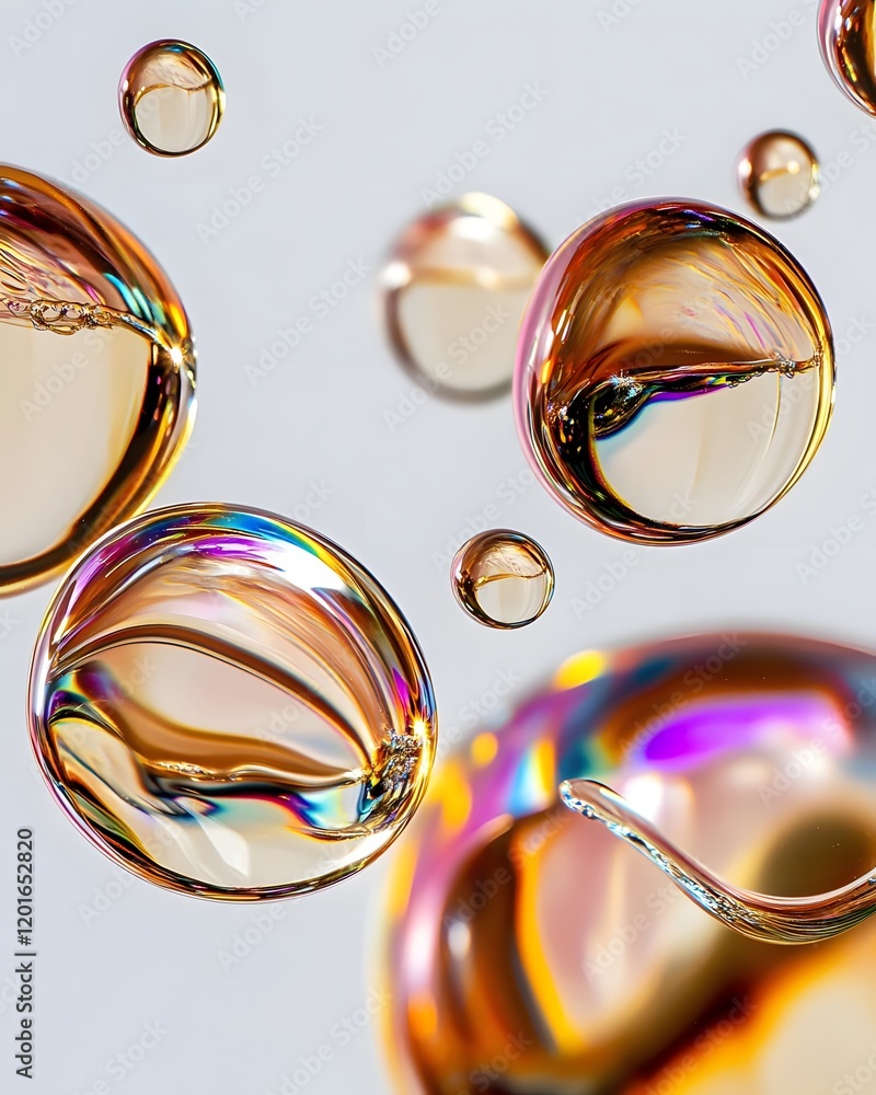 Poster colorful soap bubbles floating in the air, showcasing reflections and light patterns.