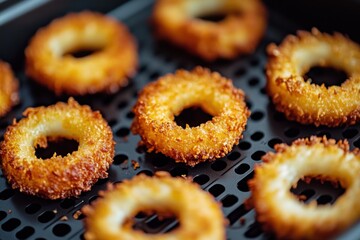 Crispy golden fried onion rings cooling in an air fryer basket ready to be served with dipping sauces