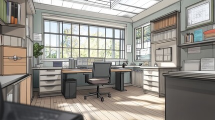 Sunny Office Workspace with Bookshelves and Desk