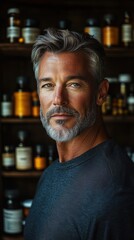Portrait of a man with gray hair and beard in front of shelves filled with apothecary jars in warm natural lighting