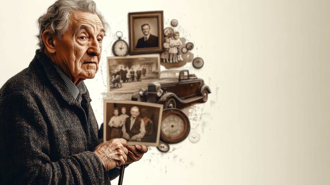 Elderly man holding a photograph surrounded by vintage memories and family icons