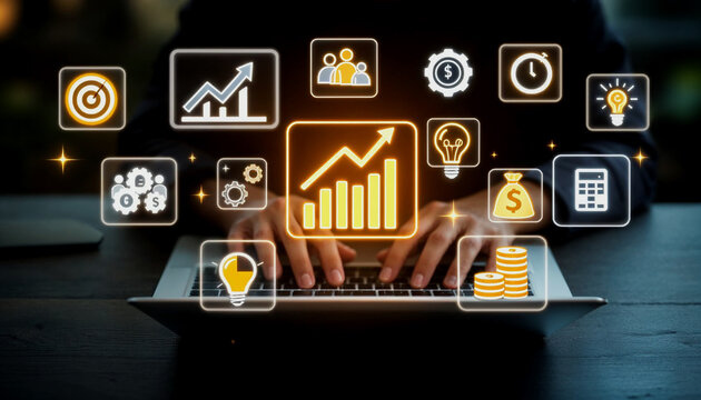 Businessperson working on laptop with digital growth icons overlay