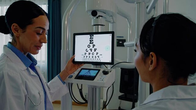 Medical professional conducts an eye examination using advanced technology, assessing visual acuity and overall eye health in a clinical setting
