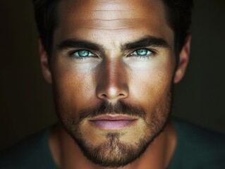 Obraz premium Intense close-up of a man with striking blue eyes and defined facial features in soft lighting revealing a captivating expression