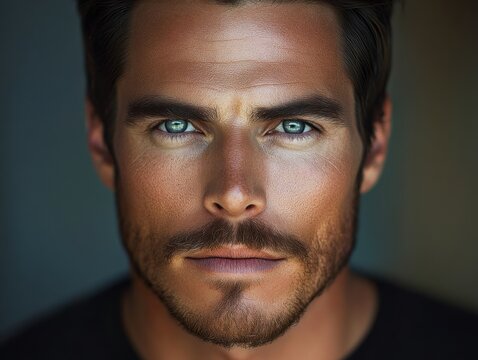 Captivating portrait of a man with striking green eyes and facial hair in a soft light setting